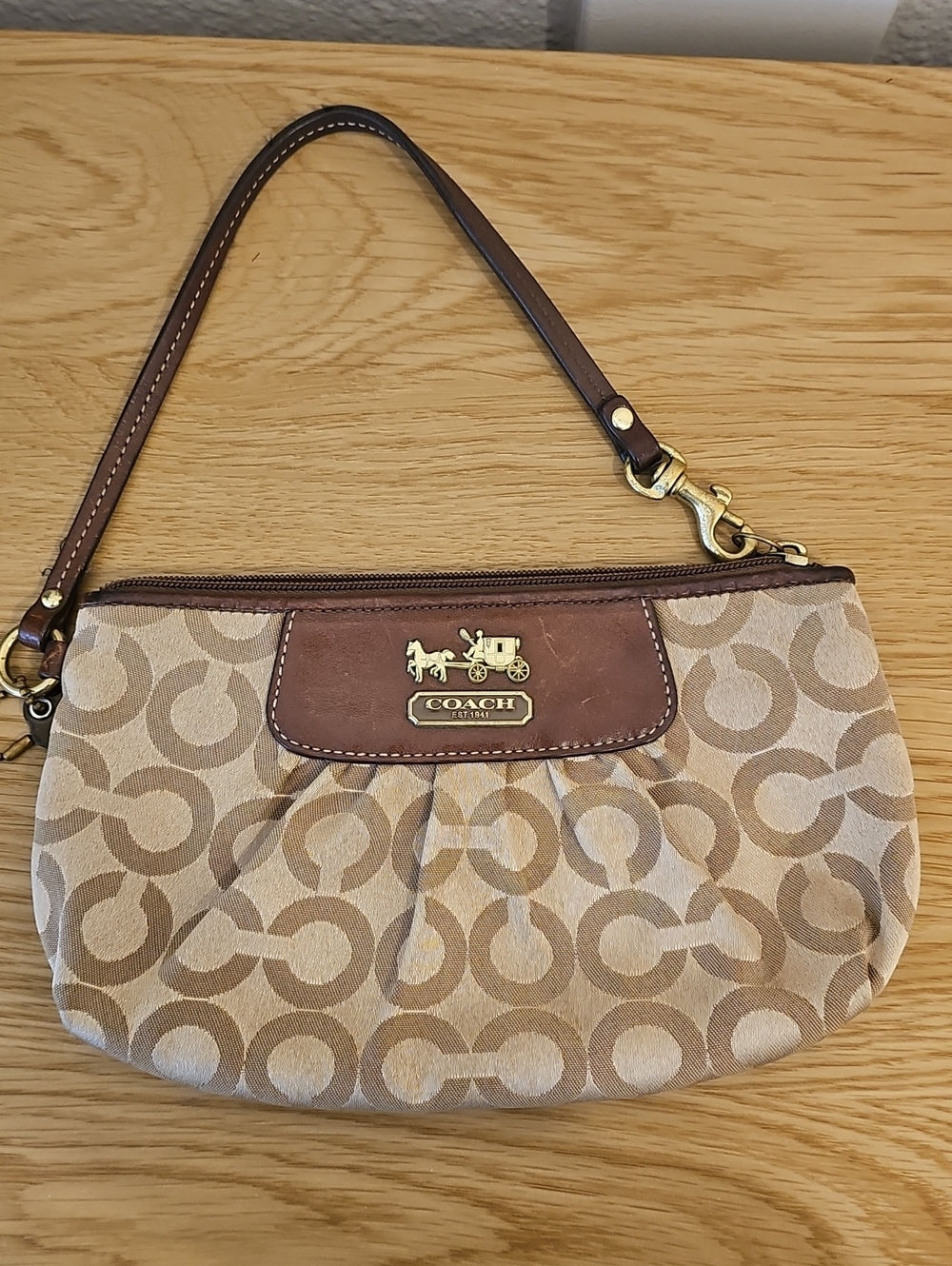 Vintage Coach Madison Op Art Signature Pleated Wristlet Bag Pouch Tan Brown